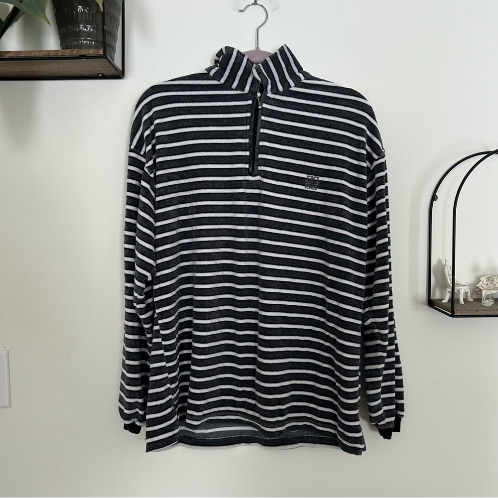 Givenchy Active Vintage Gray & White Striped Quarter Zip Pull Over Sweater Large